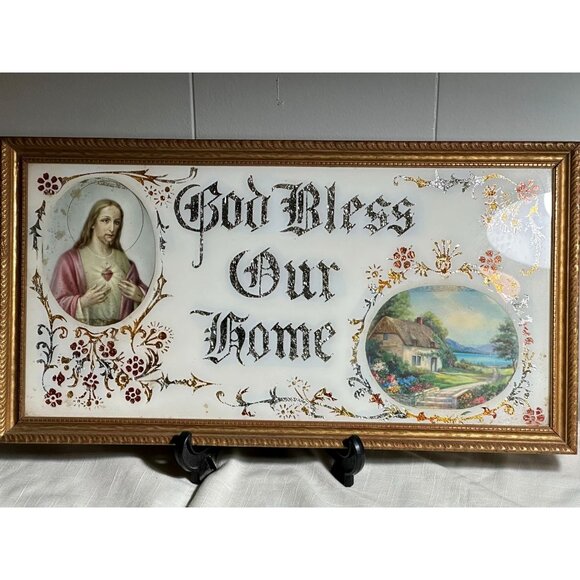 Antique  "God Bless Our Home" Framed Religious Art Blessin Jesus Landscape 1930' - Picture 2 of 12